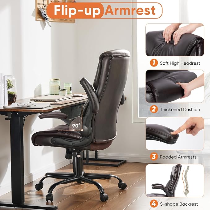 Sweetcrispy Computer Gaming Chair, Ergonomic High Back Heavy Duty Task Desk Office Chairs with Wheels, Flip-up Arms, Adjustable Height, PU Leather,Dark Brown
