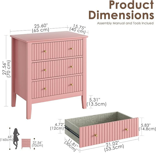 Night Stand, Fluted 3 Drawer Wide Farmhouse Nightstand with Gold Handle, Modern Wooden Bedside End Table for Bedroom, Living Room, Pink