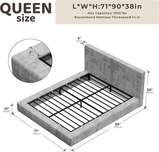 RECCI AirFrame Queen Bed Frame with Headboard, Cloud Upholstered Platform Bed Frame, 5 Inch Foam Cushioned, No Box Spring, Easy Assembly(Moon Grey)