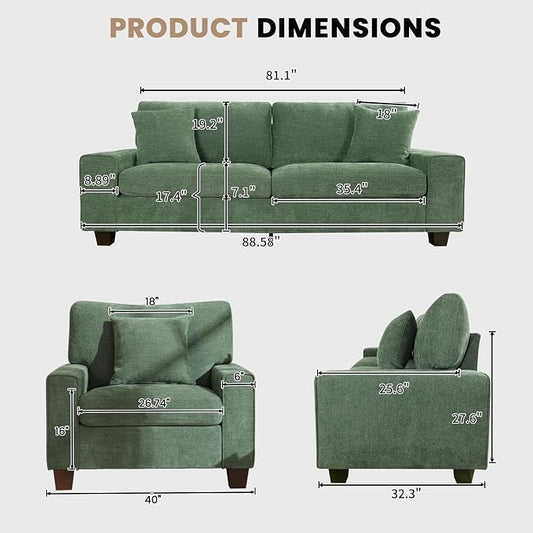 DOPEDIO Modern Living Room Sofa Set, 88.58" Chenille Loveseat with 2 Accent Chairs, Removable Covers, Spring Cushions, Solid Wood Frame, Easy Assembly(88.58inch+2 Single,Green)