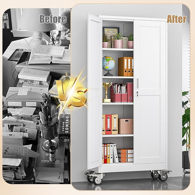 71" H Metal Pantry Storage Cabinet with Wheels,Rolling Kitchen Pantry Cabinet with 2 Doors and 4 Adjustable Shelves, Locker Steel Cabinet,Organization Cabinet for Garage,Home,Gym,School,White