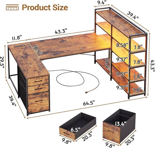 SEDETA L Shaped Desk with Storage Shelves, 64.5" Reversible U Shaped Office Desk with 3 Fabric Drawers, Gaming Desk with Power Outlet & LED Strip for Home Office, Rustic Brown