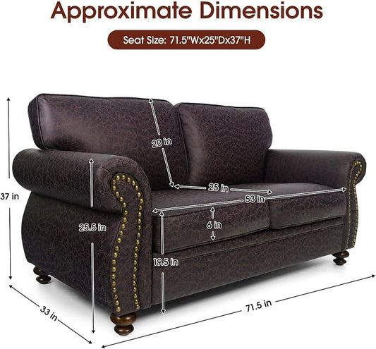 Couchus Mid-Century Vintage Sofa Couches with Rivet Design,loveseat Sofa,Removable Sofa Cover Upholstered Cushions and Solid Wood Frame (Brown, Loveseat)