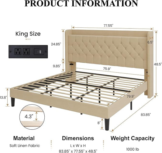 SHA CERLIN King Size Platform Bed Frame with Charging Station, Linen Wingback Headboard with Storage Shelf, Wooden Slats Support, Ample Under-Bed Space, No Box Spring Needed, Easy Assembly, Beige