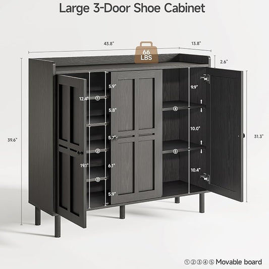 ONBRILL Shoe Cabinet with 3 Doors and Adjustable Shelves, 30 Pairs Shoe Storage Cabinet, 40 Inch Tall Farmhouse Shoe Rack Shoe Organizer Cabinet for Entryway Living Room Closet, Black