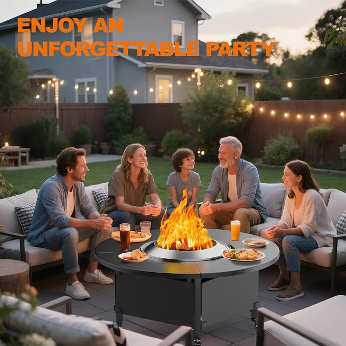Fire Pit Surround Tabletop for Solo Stove Bonfire,Foldable Surround Table with Wheels for Safety & Easy Clean,42" Powder-Coated Steel Wood Burning Stove Surround Table Top,Accessories for Solo Stove