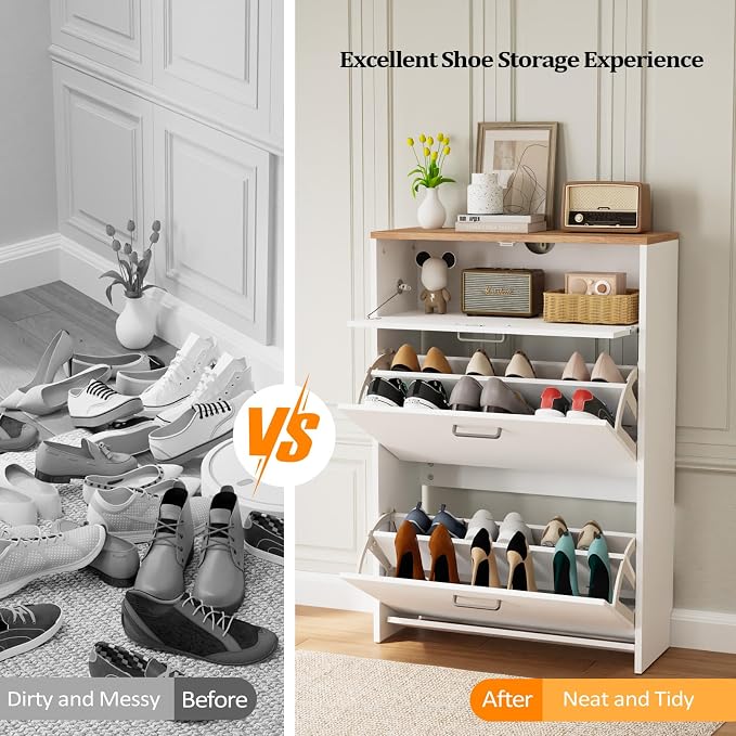 VINGLI Shoe Cabinet Storage for Entryway Ultra Slim with 2 Flip &1Drop-Down Drawers, 24.8" W Narrow Shoe Cabinet for Front Door Entrance,Freestanding Modern White Wood Shoes Organizer for Hallway