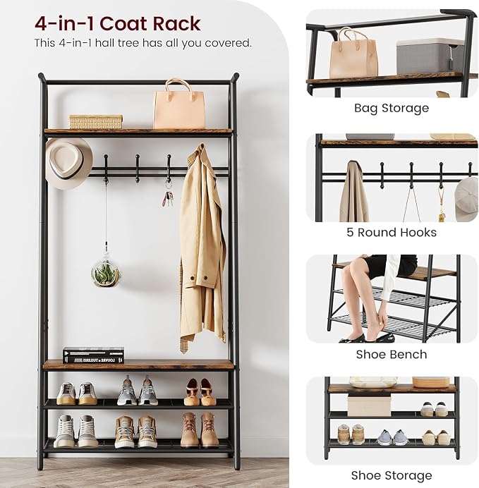 OUTLANE Entryway Hall Tree with 5 Hooks, Shoe Bench & Storage Shelf, Coat Rack Organizer with Wood Accents and Metal Frame for Entryway, Living Room, Bedroom, Rustic Brown-Single row