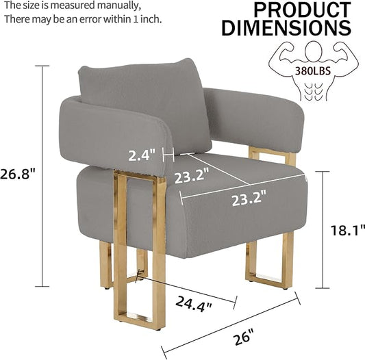 YISHENG Modern Barrel Accent Chairs Set of 2, Living Room Side Chairs with Golden Metal Legs Soft Teddy Upholstered Reading Armchairs no Wheels for Vanity/Reception Room//Bedroom/Lounge/Office, Grey