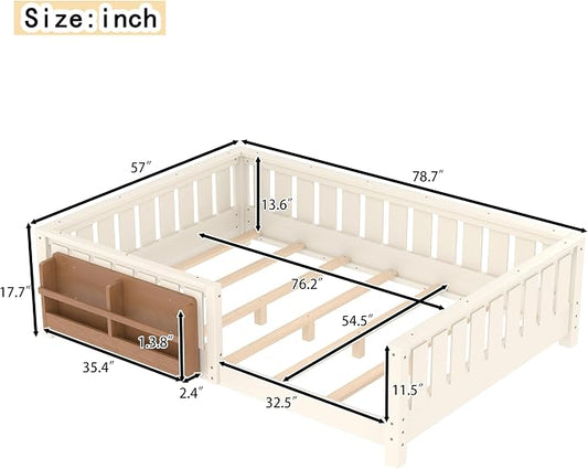 Bellemave Beige Montessori Floor Bed with Fence and Slats, Full Size Montessori Floor Bed with Bookcase and High Rails, Easy Assemble Bed Frame for Girls, Boys, Full