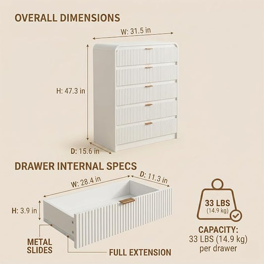 FURSUN Fluted 5 Drawers Dresser for Bedroom, 48" Tall Wooden Modern Dresser with Metal Handle, Curved Profile Design, Storage Organizer for Bedroom, Living Room, Hallway, White