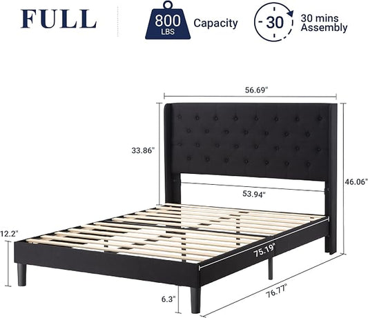 Allewie Full Size Bed Frame with Button Tufted Wingback Headboard, Modern Upholstered Bed Frame with Solid Wooden Slats Support - No Box Spring Needed, Easy Assembly, Black