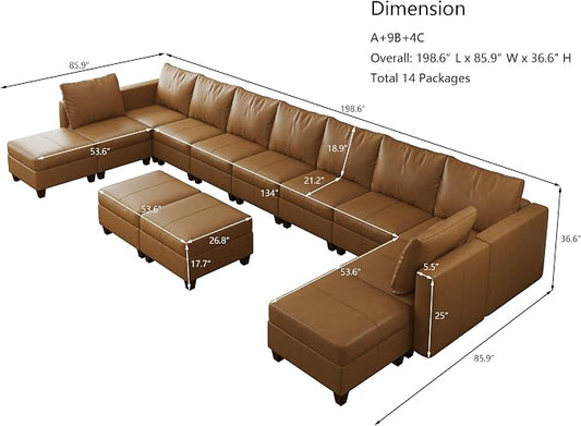 EASE MOOSE Faux Leather Modular Couch Sectional Sofa with Storage Ottomans, Oversized U Shaped Faux Leather Sectional Couch, Brown