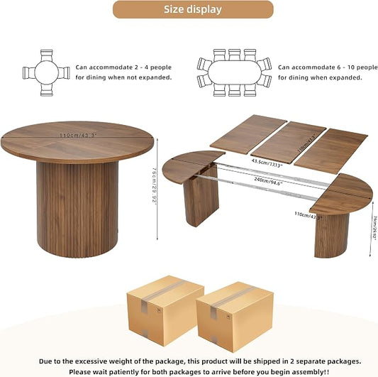 43-95 Inch Oval Extendable Dining Table for 4-10, Fluted Space Saving Long Round Kitchen Table with 3 Leaf, 2 Storage, Mid Century Modern Dining Room Dinner Table for Living Room, Walnut