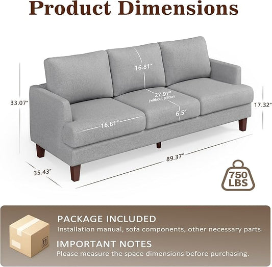 Gericco Mid Century Modern Couches for Living Room, 89" Comfy Grey Couch Sofa with 3-Seater Deep Seats, Upholstered Sofas for Living Room, Office Apartment, Bedroom, Light Grey