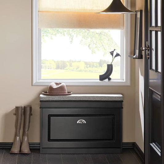 SoBuy Small Shoe Storage Bench, Black Narrow Shoe Cabinet for Entryway, Shoe Rack with Cushion&2 Tiers Flip-Drawer, Closet Hallway Mudroom FSR82-L-SCH
