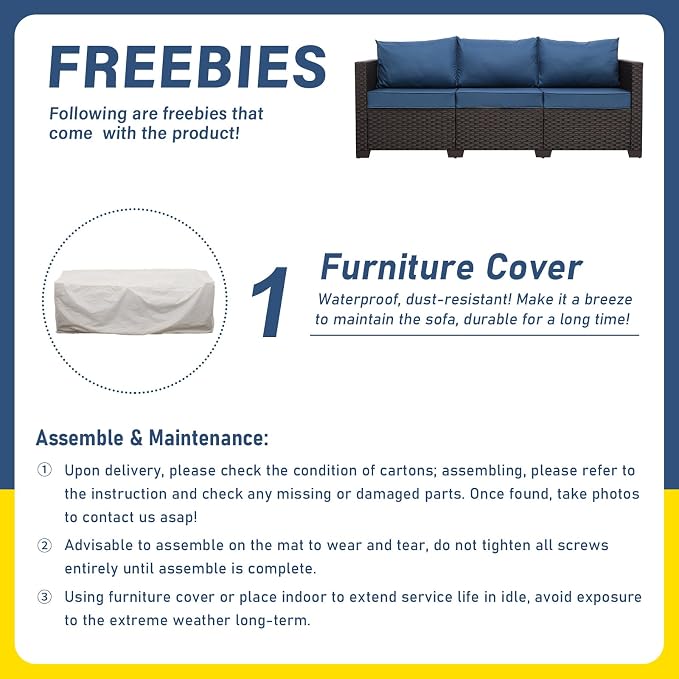 Oasishine Outdoor Couch Wicker Patio Furniture 3-seat Sofa Outdoor Furniture Deep Seat Hight Backrest Waterproof Cover Non-Slip Cushions, Navy Blue