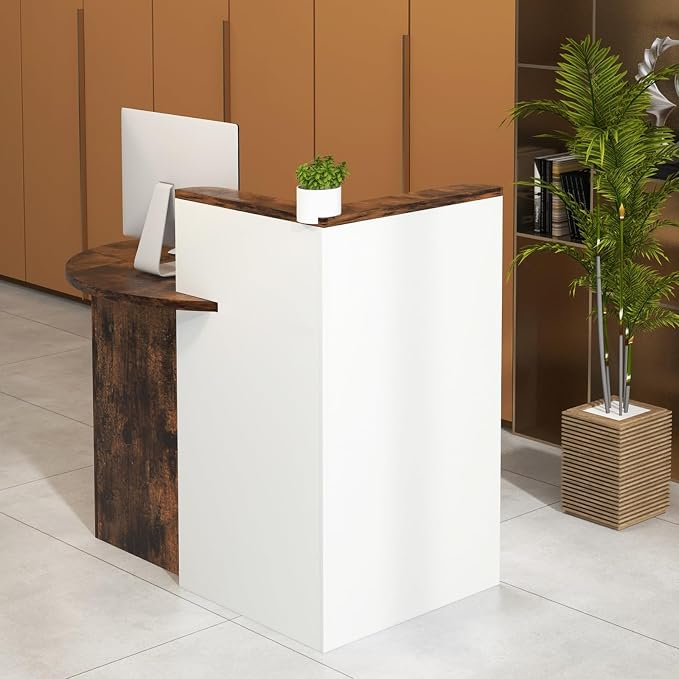 Reception Desk, Retail Checkout Counter w/Lockable Drawer & Open Shelves, Computer Workstation, Small Front Desk Reception Counter for Company Lobby Store Salon Office (Rustic Brown & White)