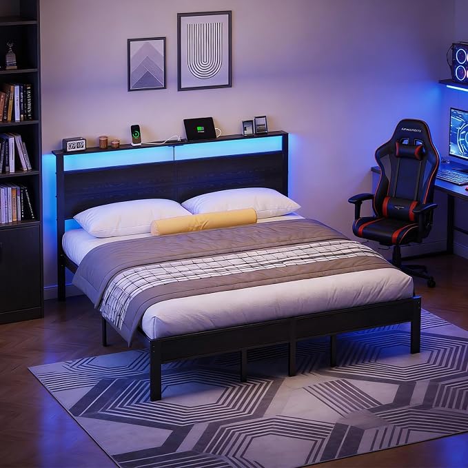 Liians Black King Size Bed Frame with LED Lights and Charging Station, King Size Platform Bed with Metal Slats and Wood Headboard, No Box Spring Needed