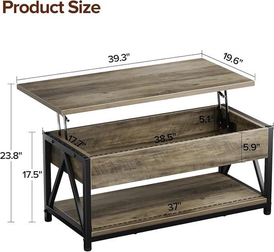 Memobarco Lift Top Coffee Table,Lift Coffee Table with Storage Shelf and Large Hidden Compartment for Living Room,Lifting top Coffee Tables for Small Space,Grey
