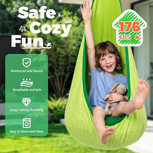 Y-STOP Kids Pod Swing Seat, Hanging Hammock Chair with Inflatable Pillow, Sensory Swing Chair with Pocket for Indoor and Outdoor(Green)