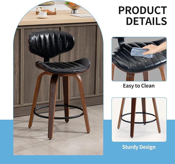 Bar Stools Set of 3, 24 inch PU Leather Wooden Bentwood Barstools Swivel Counter Height Modern Breakfast Bar Chairs with Backrest and Footrest for Kitchen Island, Dining Room D035-Black-3