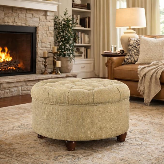 HomePop 25" Button Tufted Round Storage Ottoman - Tan & Cream Tweed