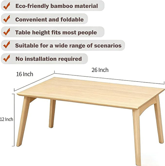 Bamboo Coffee Table Foldable Japanese Floor Desk Folding Low Tea Table No Assembly 26x16x12in Portable Bedroom Living Room Furniture for Dining Working Studing Relaxing (Natural Wood, Large)