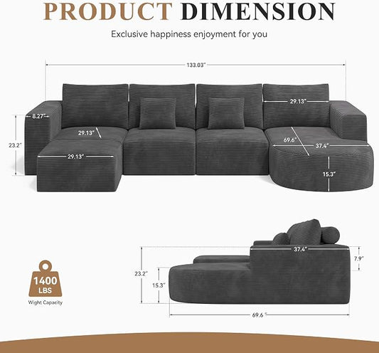 134" Boneless Couches for Living Room,Large U-Shaped Modular Sectional Sofa with Convertible Ottoman,Modern Cozy Cloud Couch in a Box,Sponge Compression Deep Seat Sofas with Chaise,Gray,1pcs