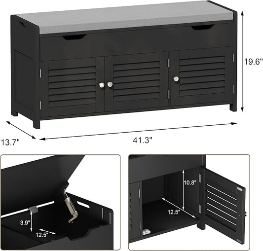 ChooChoo 41.3" Shoe Storage Bench with Lift Top Storage, Entryway Bench with Cushioned Seat, Adjustable Shelf, Shoe Cabinet with Hidden Space, for Entryway, Bedroom, Living Room, Black