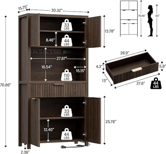 Lulive 71" Fluted Pantry Cabinet with Charging Station, Brown | Adjustable Shelves, Open Countertop, Drawer, Spacious Kitchen Storage