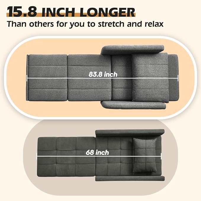 ZZW Sleeper Chair 84" Extra Long Convertible Chair Bed Upgraded 3-in-1 to 4-in-1 Pull Out Chair & Single Sofa Bed for Adult Sleeping Chair for Living Room & Small Space (Dark Grey)