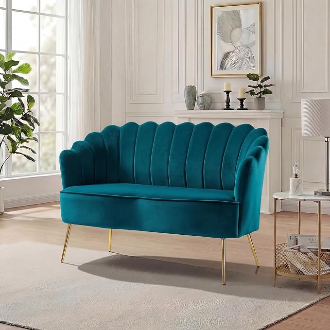 Velvet Upholstered Loveseat Sofa with Gold Metal Legs, Modern Comfy Small Love Seat with Flower Shaped Back, 2-Seater Sofa Accent Couch for Living Bedroom Leisure Areas