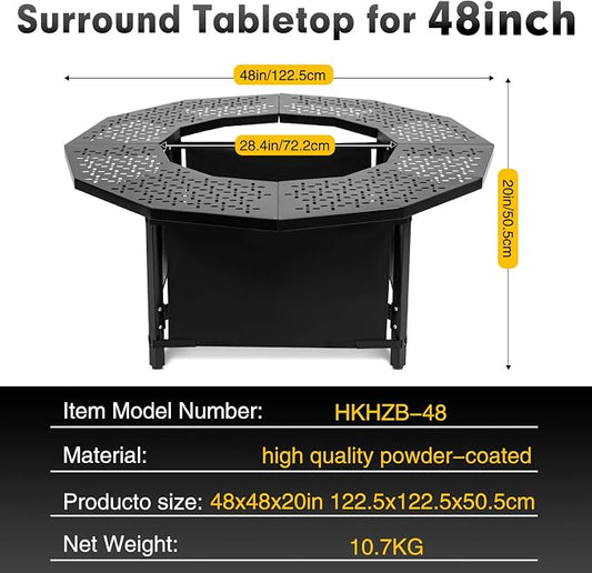 48 Inch Fire Pit Surround Tabletop for Solo Stove Bonfire up to 27.5" and Most Wood Burning Fire Pits, 28.4 in Inner, Coated Metal Outdoor Fire Pit Table with 360° Safety Barrier