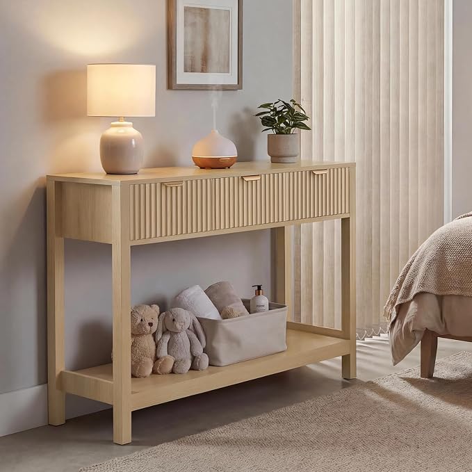 Nasonet Fluted Console Table, Wooden Sofa Table with Storage and Drawers, Farmhouse Behind Couch Table Entryway Table for Entrance, Hallway, Living Room, Oak