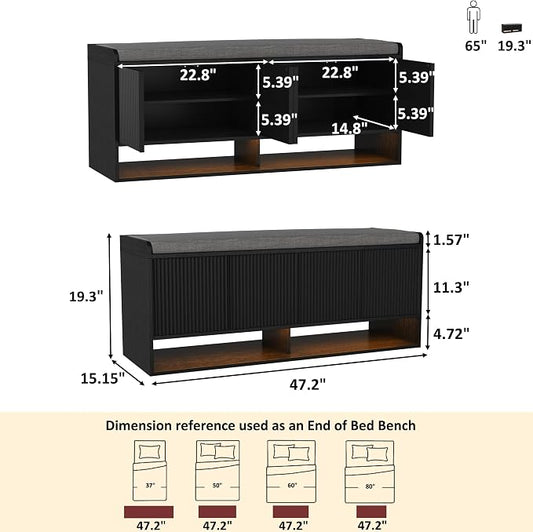 HOMEFORT 47.2" Fluted Shoe Storage Bench, Entryway Bench with Linen Seat Cushion, Shoe Cabinet Bench with Adjustable Shelf and Built-in LED Sensor Light, Bench for Bedroom End of Bed, Black