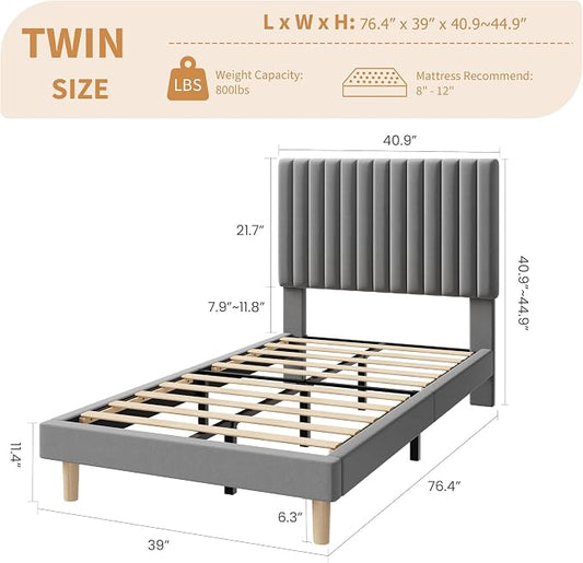 IDEALHOUSE Twin Bed Frame with Adjustable Headboard, Velvet Upholstered Platform Bed Frame Twin Size, Vertical Channel Tufted, Strong Wooden Slats, No Box Spring Needed, Easy Assembly, Grey
