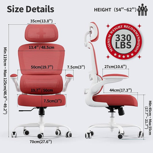 TRALT Office Chair Ergonomic Desk Chair, 330 LBS Home Mesh Office Desk Chairs with Wheels, Comfortable Gaming Chairs (1, Red)