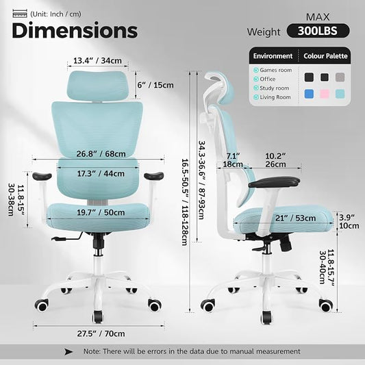 Ergonomic Office Chair High Back Desk Chair with Lumbar Support, Breathable Mesh Computer Chair with Adjustable Armrests Height, Reclining Swivel Big and Tall Gaming Chair for Home Office(Light Blue)