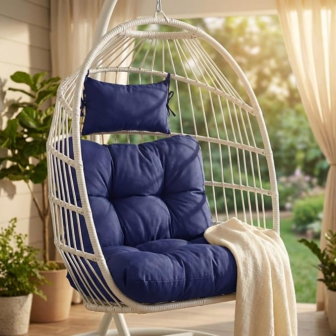 Enipate Outdoor Hanging Egg Chair Cushion, Water-Resistant Tufted Swing Basket Chairs Cushion Pads with Headrest Pillow