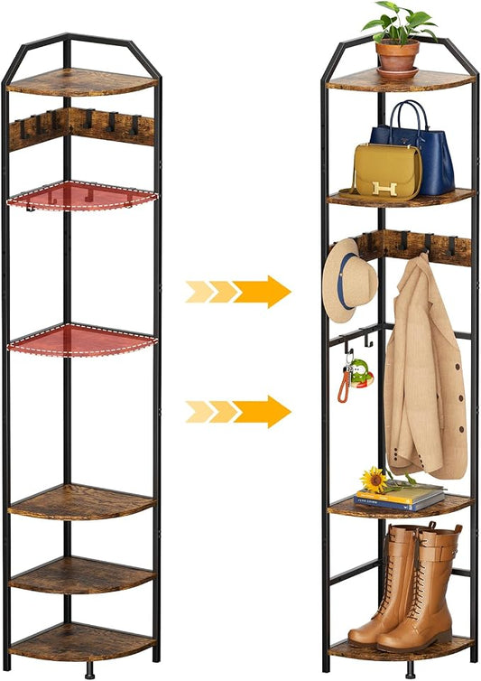 X-cosrack Corner Hall Coat Tree Freestanding with 10 Movable Hook, Shelf-Adjustable Coat Rack Stand for Purse, Hat, Bag and Shoe, Narrow for Small Space Living Room Bedroom Office Entryway Storage