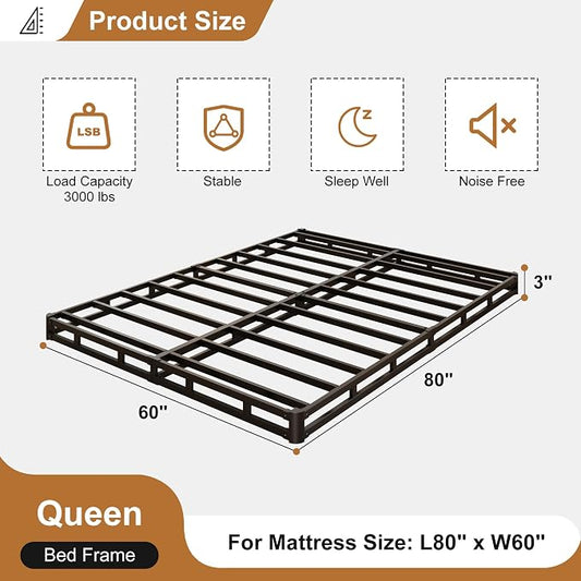 Lutown-Teen 3 Inch Queen Box Spring Low Profile, Heavy Duty Metal Box Spring for Queen Bed Base with Fabric Cover, Mattress Foundation, Noise Free, Easy Assembly