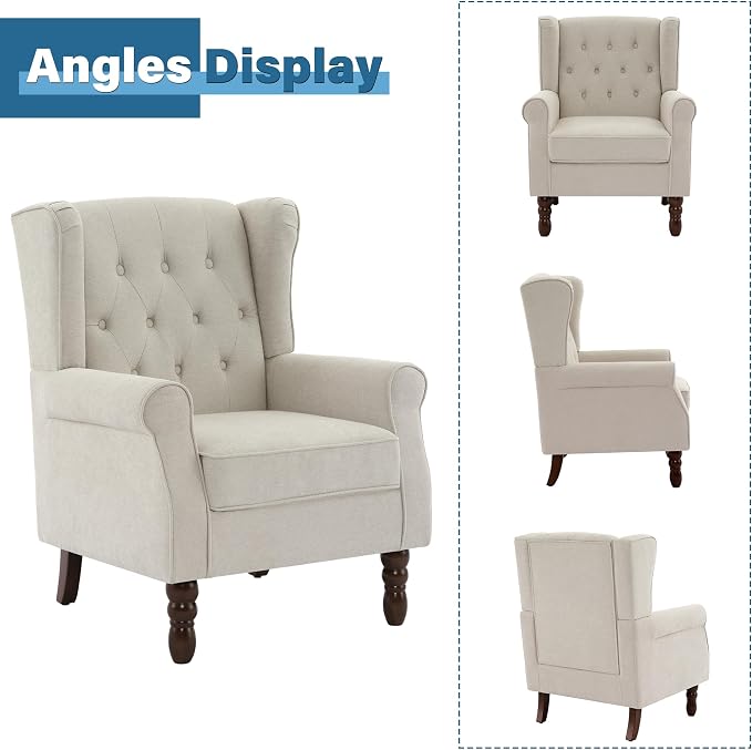High Back Accent Chair, High Wingback Chair for Living Room, Button-Tufted Upholstered Armchair with Solid Wood Legs, Comfy Club Chair Reading Chair for Bedroom, Beige
