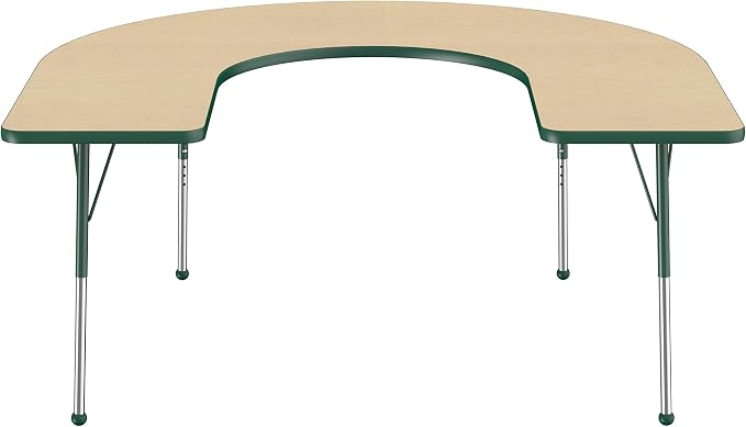 FDP Horseshoe Activity School and Office Table (60 x 66 inch), Standard Legs with Ball Glides for Collaborative Seating Environments, Adjustable Height 19-30 inches - Maple Top and Green Edge