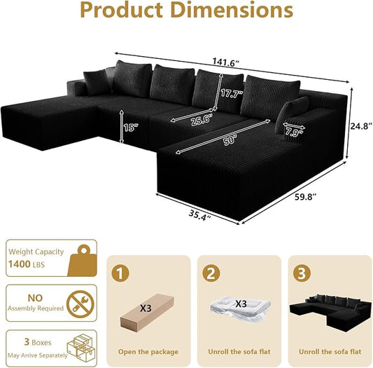 142" Oversized Cloud Modular Sectional Sofa Boneless Couches with Double Chaise Lounge and Deep Seat, Fluffy Corduroy Upholstered Compressed Lounge Sofa & Couches for Living Room
