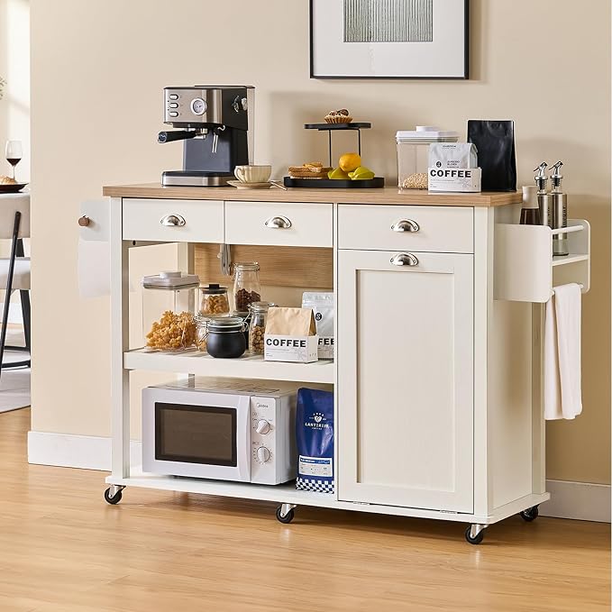 ONBRILL 56" Kitchen Island with Drop Leaf, Rolling Kitchen Cart with Trash Cabinet, Power Outlet, 2-Tier Open Shelves, 3 Drawers, Spice & Paper Towel Racks, 6 Wheels (4 Locking) for Dining Room, White