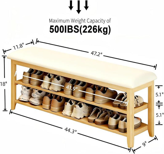 Shoe Bench Storage with Leather Cushion, Rustic Solid Wood Entryway Bench with 2 Height-Adjustable and Removable Shelves for Hallway, Living Room, Mudrooms (Natural Wood,47.2")