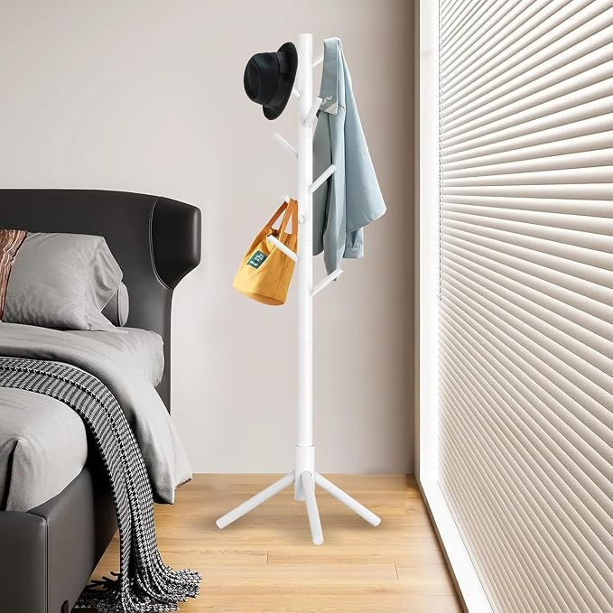 Aliphon Wooden Coat Rack Stand, Freestanding Coat Rack with 8 Hooks, 3 Adjustable Size Coat Tree for Hats, Coats, Scarves bags, Coat Hanger Stand Used in Bedroom/Office/Entryway, 2 PCS (White)