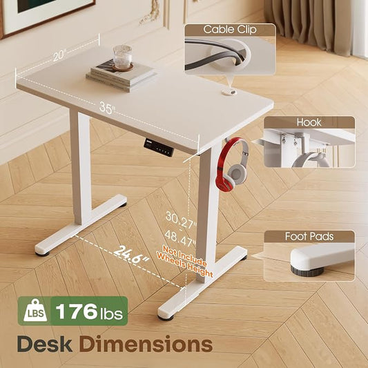 Monomi Small Electric Standing Desk, 35" x 20" Whole Piece Height Adjustable with Memory Controller, White Sit to Stand Desk Workstation for Home Office