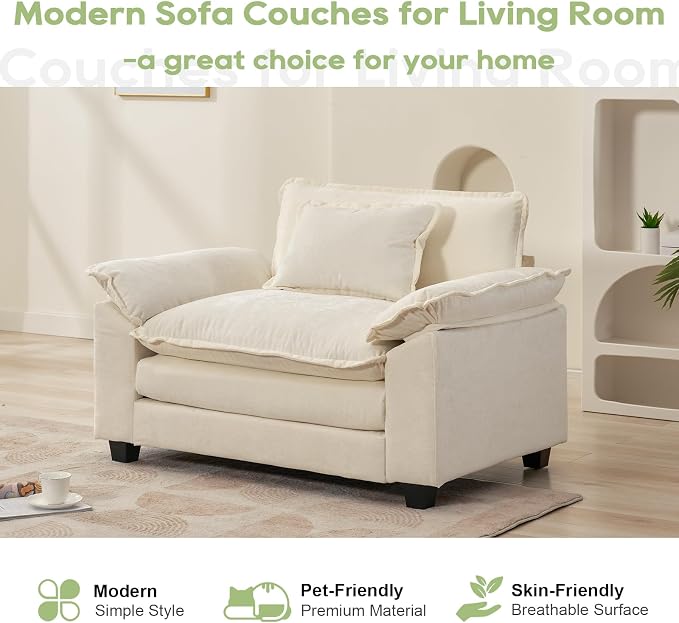 Oprisen Modular Sectional Sofa, Comfy Cloud Couch Sectional Sofa, Chenille Sofa Sleeper Deep Seat Sofa with Throw Pillows for Living Room (Beige White, 53"- Single Seat)